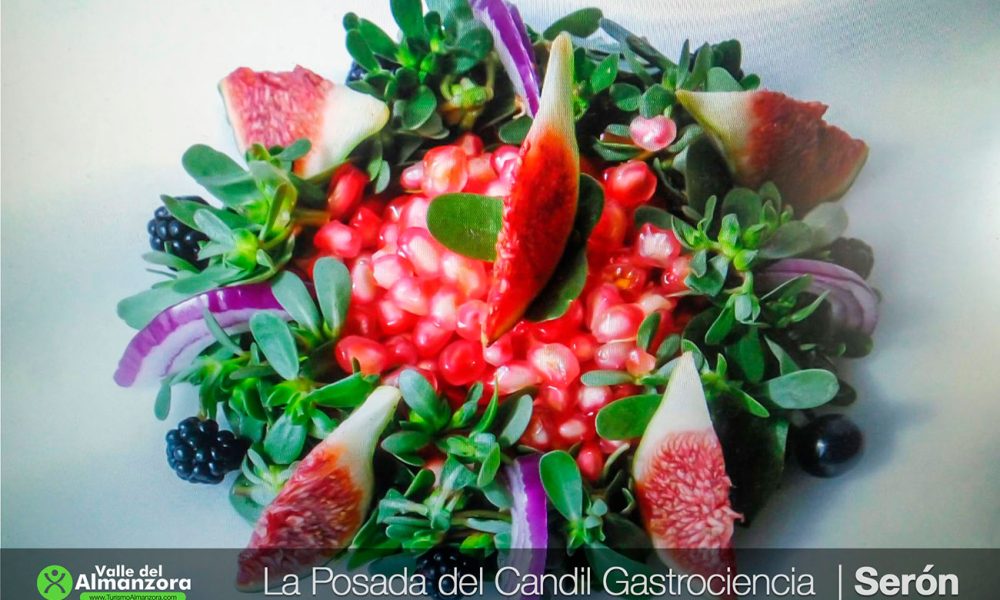 Ensalada de verdolagas, granadas e higos caramelizados con vinagreta de granada