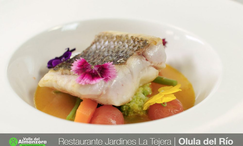 Dentón con sopa de tomate de Almería y verduras de la huerta